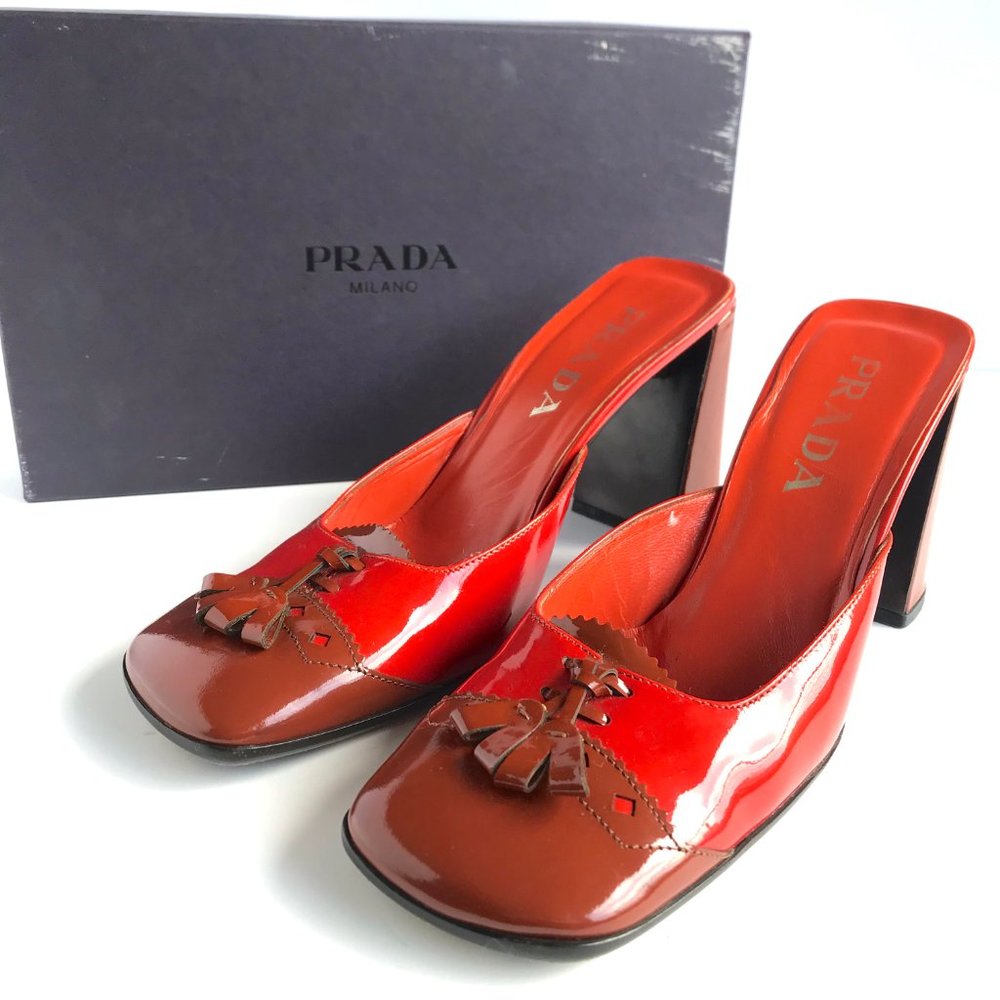 Prada Red Patent Leather Tassel Mules